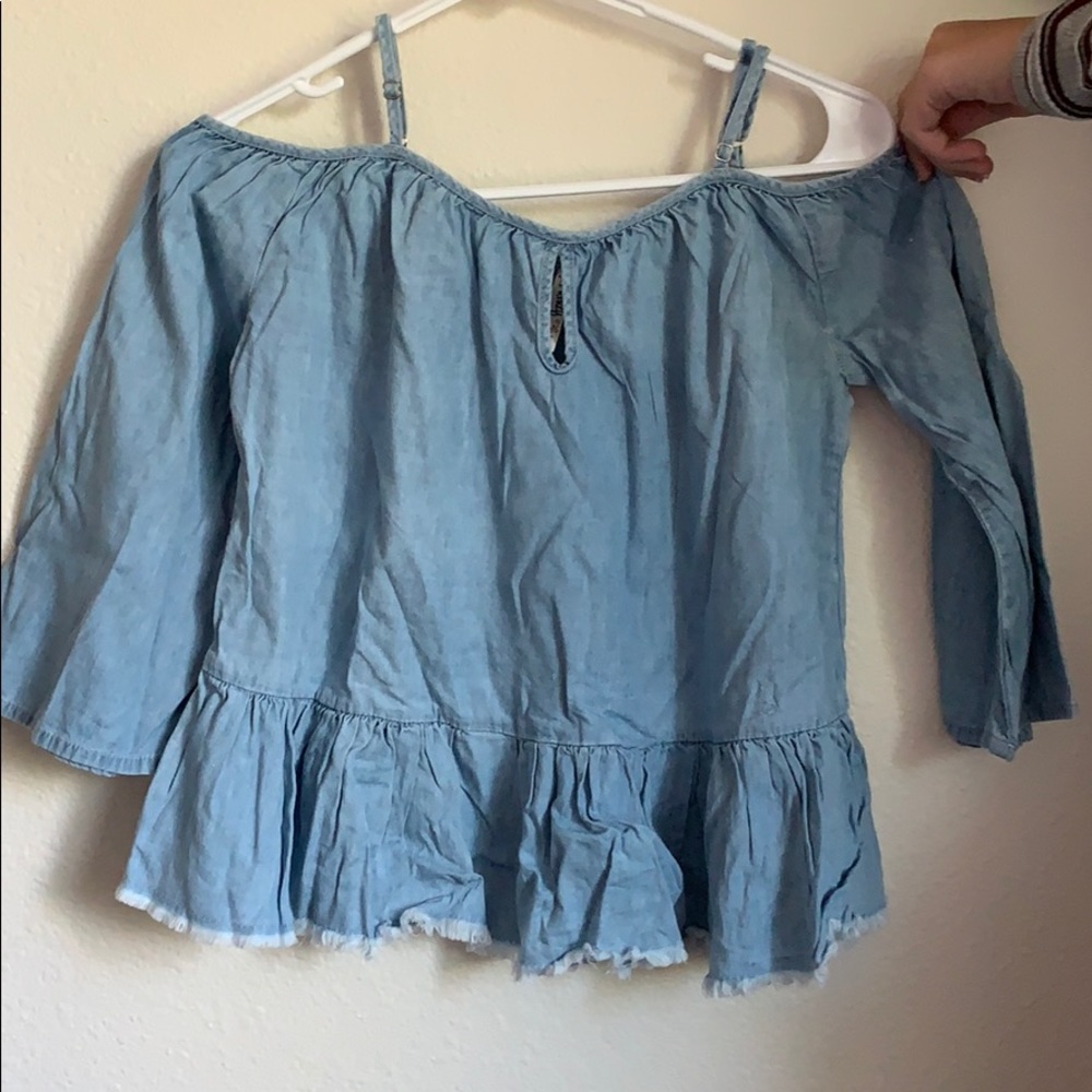 Denim frayed off the shoulder dress top